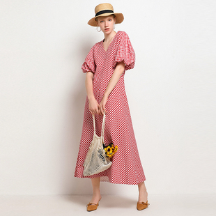 粉色棉麻连衣裙显瘦减龄洋气灯笼袖复古长裙，法式格子收腰裙夏遮肉