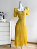 黄色复古短袖连衣裙女夏季长裙法式高级感气质赫本风显瘦礼服裙子
