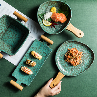 日式餐盘创意双耳带木柄商用餐厅盘子艺术个性复古家用陶瓷寿司盘