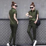 8013春夏户外军迷显瘦套装军，绿色衬衫女短袖，工装衬衣迷彩服女