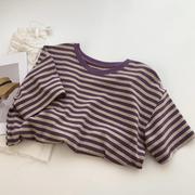 韩版紫色条纹宽袖t恤女松显瘦打复古百搭xky圆领底衫上衣夏季新短