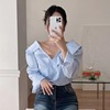 韩国chic春季减龄复古小众设计感气质V领露肩压褶收腰长袖衬衫女