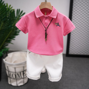 男童夏装套装2023夏季中童男宝宝时尚短袖粉色polo衫两件套潮