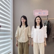 韩版夏季个性小圆领中袖衬衫女春夏宽松显瘦简约百搭纯色衬衣