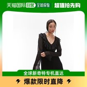 香港直邮潮奢topshop女士皱褶，v领迷你茶色，连衣裙(黑色)