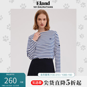 eland衣恋t恤女一字，领条纹长袖纯棉，上衣学院风打底衫秋