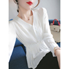 春装2024年韩版收腰衬衣长袖，系带白衬衫女显瘦雪纺衫v领上衣