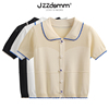 jzzdemm镂空肩花边娃娃领针织短袖，女夏薄款设计感修身短款上衣潮
