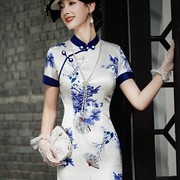 青花瓷旗袍中长款小个子走秀演出服新中式气质连衣裙春秋装中国风