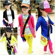 韩版童装糖果色长版儿童开衫，女童荧光纽扣，中大童针织外套母女装