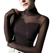 网纱拼接个性绑带设计微透性感打底衫女秋季气质欧货小衫上衣