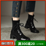 SIX MADDEN2022冬季女靴欧美粗跟圆头绑带短靴短筒马丁靴 SMA496