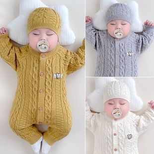 婴儿衣服秋冬带帽子宝宝毛衣秋冬加厚开衫哈衣婴儿针织连体衣