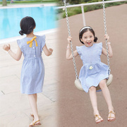 韩国童装女童夏飞袖木耳边无袖，连衣裙儿童竖条纹，蝴蝶结公主背心裙