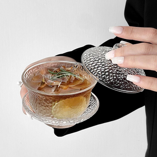 功夫茶系列国风鸡尾酒杯，带盖中式茶杯莲花，玻璃杯咖啡杯子盖碗套装
