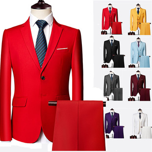 男士红色西装外套，主持演出商务休闲正装大码西服，套装新郎结婚礼服
