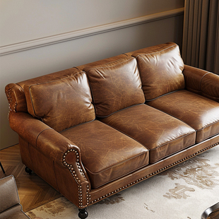 美式真皮沙发头层牛皮，三人客厅组合家具，复古油蜡皮沙发as192