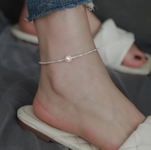 925纯银碎银珍珠脚链女2023高级感轻奢，小众波光粼粼脚环