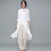 原创设计原时棉麻宽松显瘦白色，中式立领长衫旗袍款禅茶服瑜伽