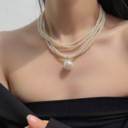 vintage多层米粒珍珠项链水滴，珍珠吊坠颈链夸张个性，锁骨链配饰女