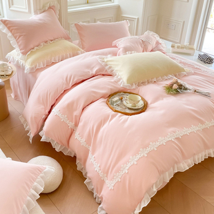 公主风床上四件套韩式被单花边床单被套仙女，粉色寝室单人床三件套