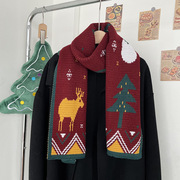 圣诞礼物红色小鹿围巾女秋冬季韩版百搭加厚保暖针织，毛线围脖披肩