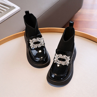 女童靴子2024飞织短靴秋冬款棉靴儿童鞋子，加绒皮鞋黑色袜子鞋