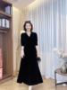 芳华真丝丝绒高腰显瘦连衣裙气质黑色时尚长款9508长裙