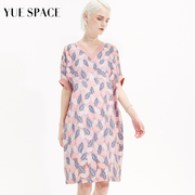 YUESPACE蕾丝衫T恤镂空印花夏季女士宽松V领短袖中长款时尚打底衫