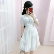 七七之缘夏装女装裙子白色短袖欧根纱修身显瘦连衣裙