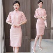 蕾丝订珠旗袍连衣裙女2023中国风复古甜美披肩裙子两件套夏季
