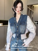 RR fshion 2024春季欧洲站衬衫女国风拼接牛仔服碎花条纹上衣