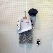 韩国童装ins风婴儿宝宝男女童灰色小猫黑色格子裤运动幼儿园套装