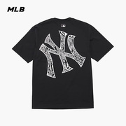 MLB 圆领短袖男女装2024夏季休闲运动服黑色宽松半袖T恤