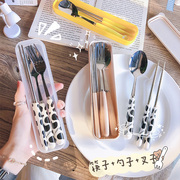 韩式筷子勺子叉子三件套套装上班族儿童可爱304不锈钢便携式餐具
