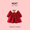 英国NEXT女宝宝娃娃领连衣裙秋冬长袖公主裙子婴儿红色周岁宴礼服