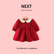 英国next女宝宝娃娃领连衣裙，秋冬长袖公主裙子，婴儿红色周岁宴礼服