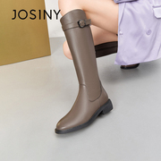 卓诗尼女靴2023冬季粗跟时尚高级感复古长筒靴纯色加绒骑士靴