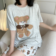 卡通可爱小熊莫代尔棉短袖短裤睡衣套装女夏季薄款宽松韩版家居服