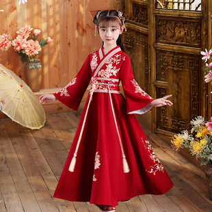 女童汉服礼服春秋中国风唐装儿童古装襦裙超仙红色长袖连衣裙