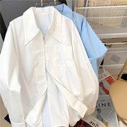 法式复古设计感双拉链白色polo领长袖衬衫女秋季小众气质宽松上衣