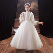 儿童礼服公主裙女童生日，白色小女孩花童婚礼主持人钢琴演出服长袖