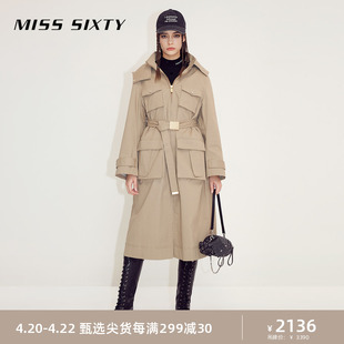 misssixty大衣女立领，可拆帽子配腰带复古工装，卡其色长款风衣外套