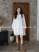 ing法式刺绣白色七分袖，连衣裙2023秋季泡泡袖，圆领宽松中长裙