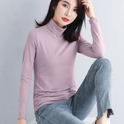 紫色纯棉高领打底衫女内搭秋冬季修身堆堆领时尚，洋气长袖t恤