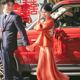 新中式红色真丝改良结婚旗袍，女敬酒服订婚礼服出阁宴唐装国风套装