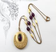 vintage古董1910年爱德华七世时代复古包金，花丝紫水晶照片盒项链