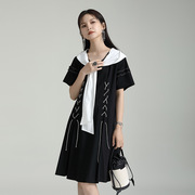 小众设计设计师款黑白撞色连衣裙高级感法式复古短袖海军领连衣裙