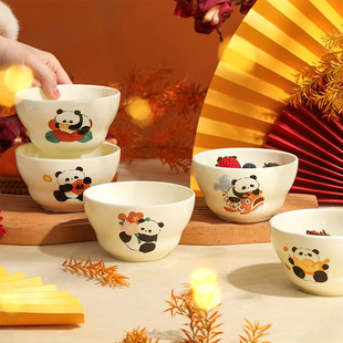 蓝莲花熊猫碗陶瓷米饭碗个人专用碗套装可爱吃饭碗家用儿童碗