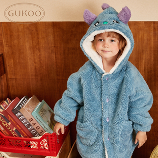 GUKOO/果壳男童睡袍小恐龙睡衣儿童睡衣保暖加厚珊瑚绒家居服